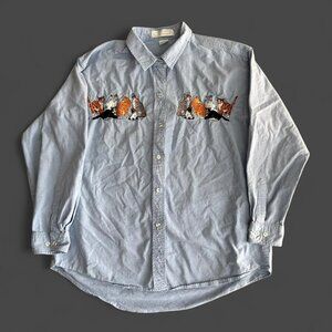 Casey Colman Blue denim button-up shirt with cats embroidered